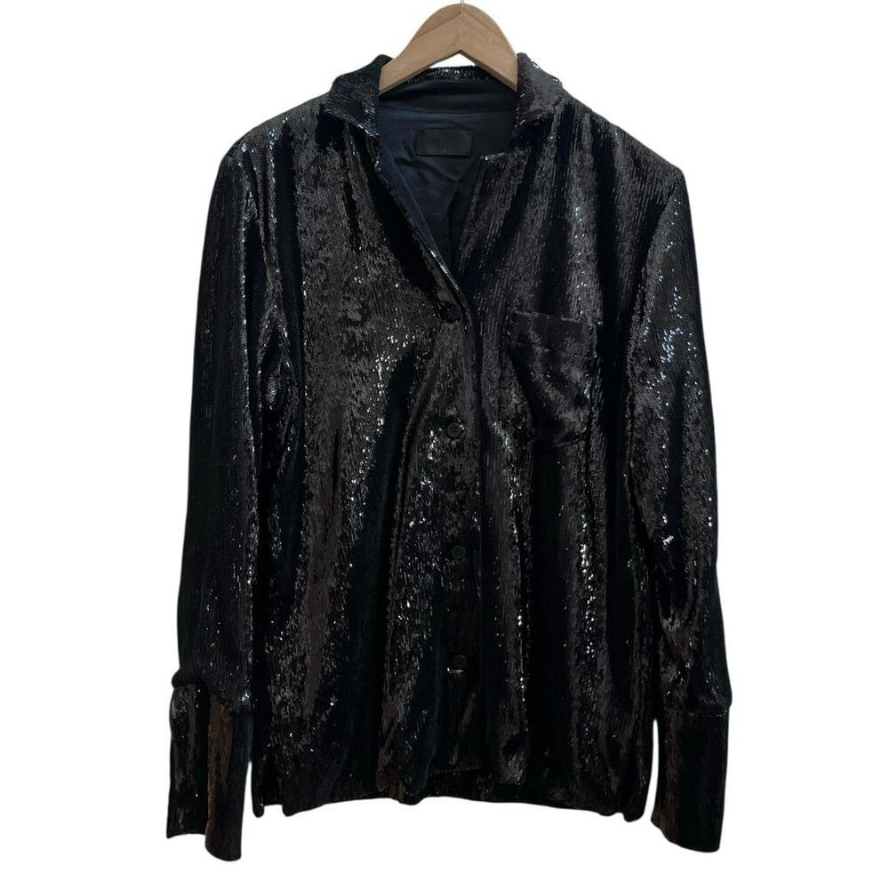RTA Black Sequin Button Down Shirt Jacket Medium Evening Club Party - Picture 2 of 12